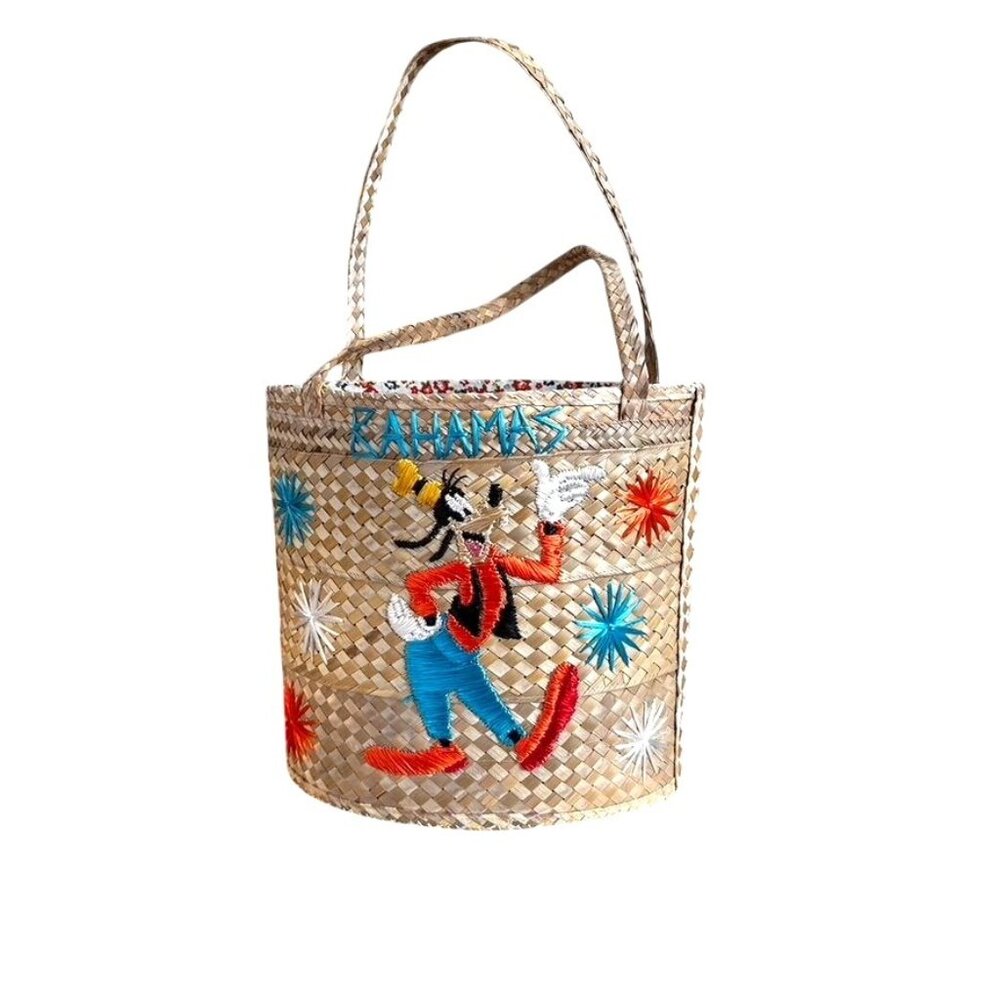 Vintage Bahamas Woven Straw Tote Disney's Goofy Embroidery Floral Lining NWOT - Picture 2 of 5